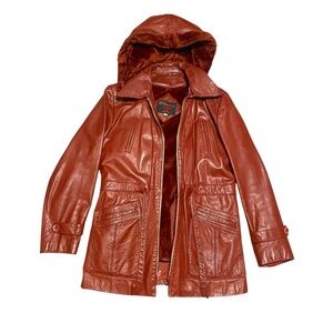 Vintage 70/80s Fantastic International of CA Leather Coat w/ Hood & Liner Sz 40